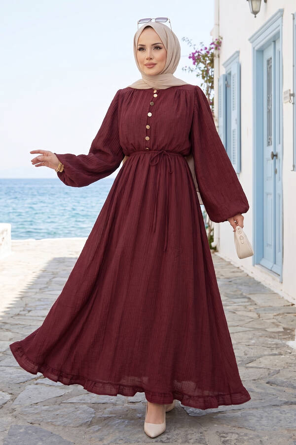 Sms - Balon Kol Eteği Fırfırlı Tesettür Elbise Bordo