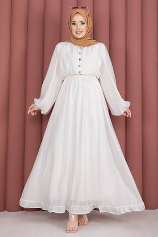 Balon Kol Eteği Fırfırlı Tesettür Elbise Ekru - Thumbnail