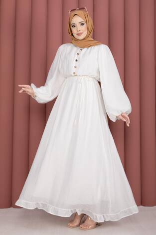 Balon Kol Eteği Fırfırlı Tesettür Elbise Ekru - Thumbnail