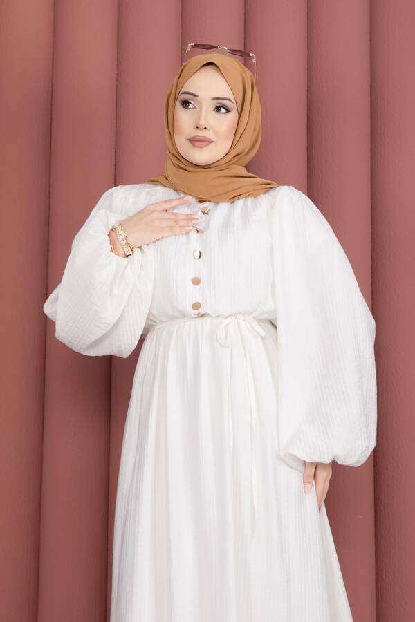 Sms - Balon Kol Eteği Fırfırlı Tesettür Elbise Ekru (1)