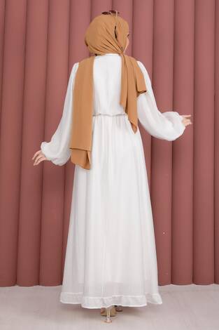 Balon Kol Eteği Fırfırlı Tesettür Elbise Ekru - Thumbnail
