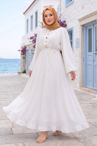 Balon Kol Eteği Fırfırlı Tesettür Elbise Ekru