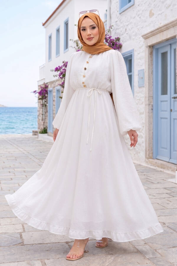 Sms - Balon Kol Eteği Fırfırlı Tesettür Elbise Ekru