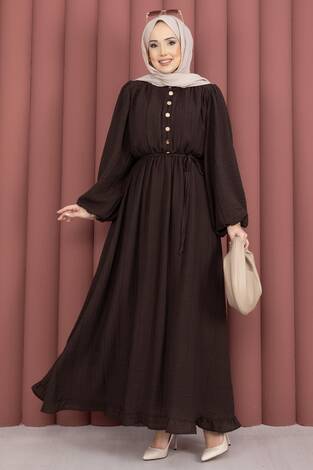 Balon Kol Eteği Fırfırlı Tesettür Elbise Kahve - Thumbnail
