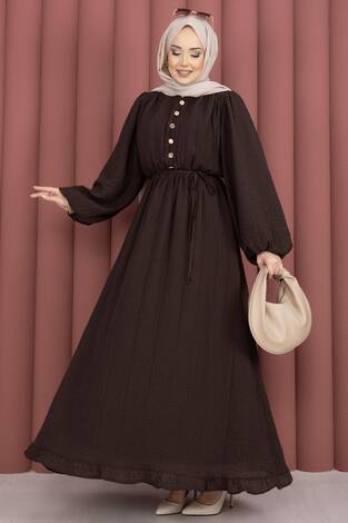 Balon Kol Eteği Fırfırlı Tesettür Elbise Kahve - Thumbnail