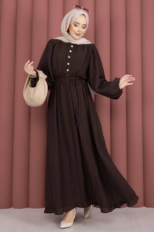 Balon Kol Eteği Fırfırlı Tesettür Elbise Kahve - Thumbnail