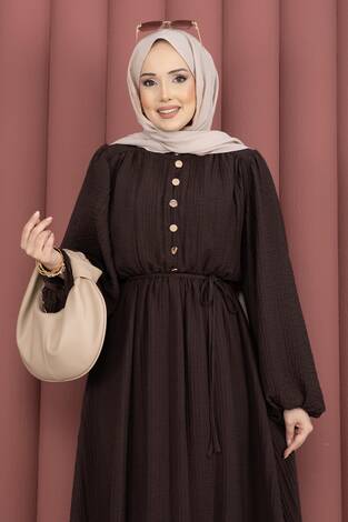 Balon Kol Eteği Fırfırlı Tesettür Elbise Kahve - Thumbnail