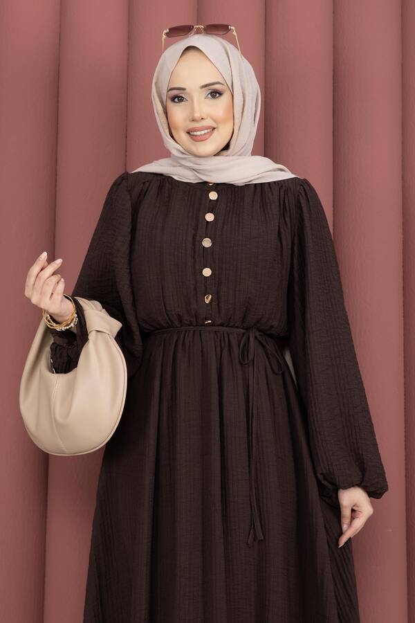 Sms - Balon Kol Eteği Fırfırlı Tesettür Elbise Kahve (1)
