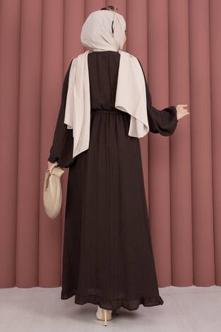 Balon Kol Eteği Fırfırlı Tesettür Elbise Kahve - Thumbnail