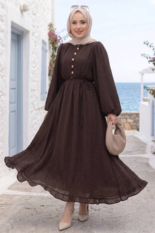 Balon Kol Eteği Fırfırlı Tesettür Elbise Kahve - Thumbnail