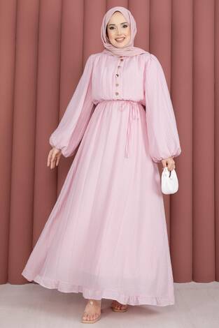 Balon Kol Eteği Fırfırlı Tesettür Elbise Pembe - Thumbnail