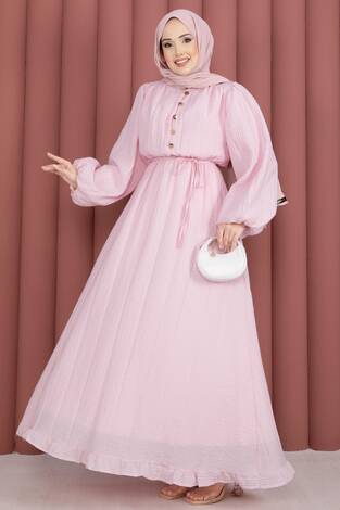 Balon Kol Eteği Fırfırlı Tesettür Elbise Pembe - Thumbnail