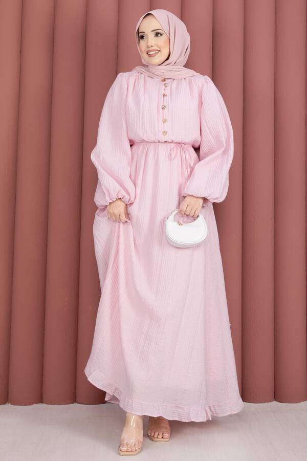 Balon Kol Eteği Fırfırlı Tesettür Elbise Pembe - 5