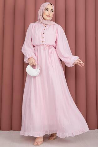 Balon Kol Eteği Fırfırlı Tesettür Elbise Pembe - Thumbnail
