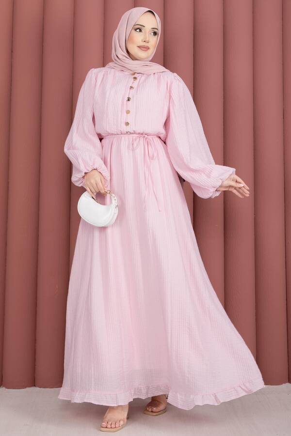 Balon Kol Eteği Fırfırlı Tesettür Elbise Pembe - 6