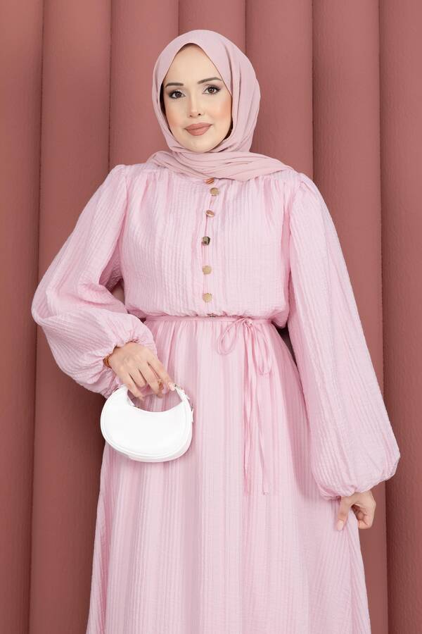 Sms - Balon Kol Eteği Fırfırlı Tesettür Elbise Pembe (1)
