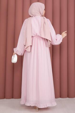 Balon Kol Eteği Fırfırlı Tesettür Elbise Pembe - Thumbnail