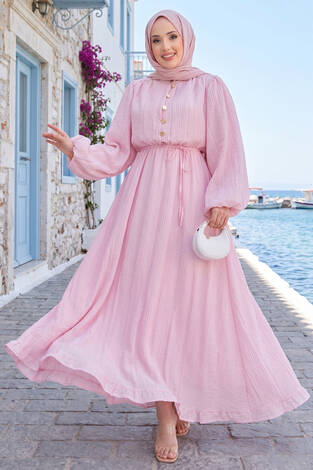 Balon Kol Eteği Fırfırlı Tesettür Elbise Pembe