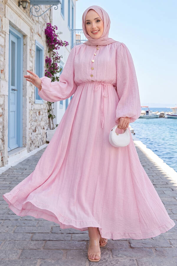 Sms - Balon Kol Eteği Fırfırlı Tesettür Elbise Pembe