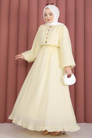 Balon Kol Eteği Fırfırlı Tesettür Elbise Sarı - Thumbnail