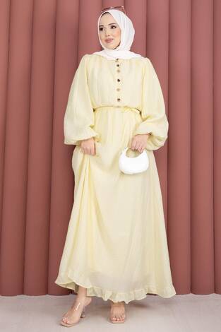 Balon Kol Eteği Fırfırlı Tesettür Elbise Sarı - Thumbnail