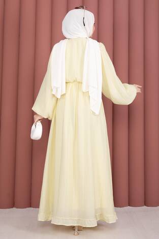 Balon Kol Eteği Fırfırlı Tesettür Elbise Sarı - Thumbnail