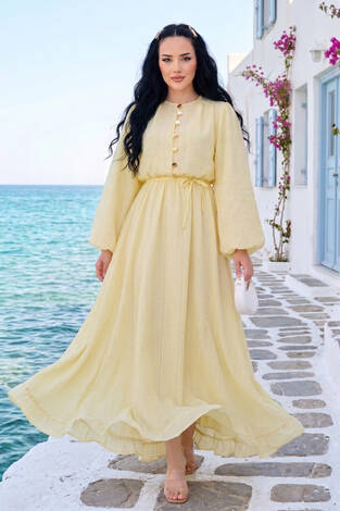 Balon Kol Eteği Fırfırlı Tesettür Elbise Sarı - Thumbnail