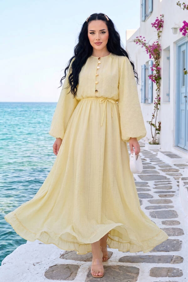 Sms - Balon Kol Eteği Fırfırlı Tesettür Elbise Sarı