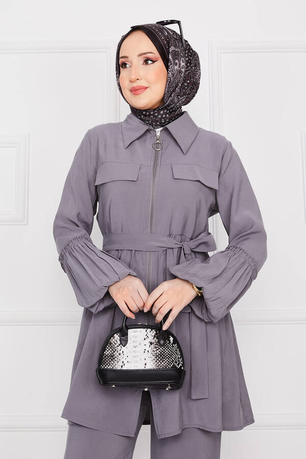 MD - Balon Kol Fermuarlı Tesettür Takım Gri (1)