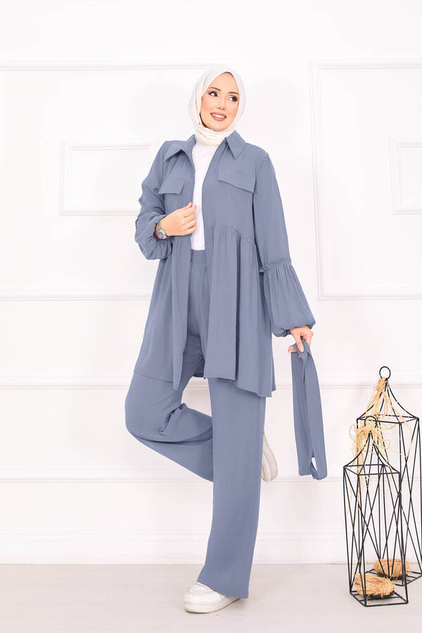 MD - Balon Kol Fermuarlı Tesettür Takım Gri