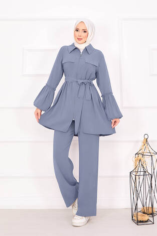 Balon Kol Fermuarlı Tesettür Takım Gri - Thumbnail