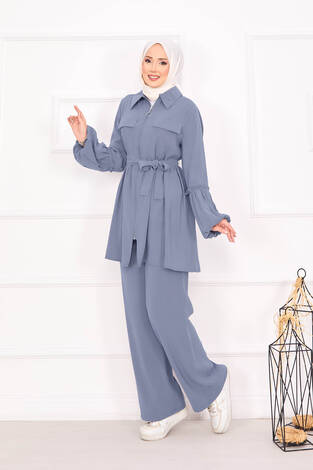 Balon Kol Fermuarlı Tesettür Takım Gri - Thumbnail