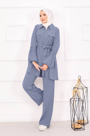 Balon Kol Fermuarlı Tesettür Takım Gri - Thumbnail