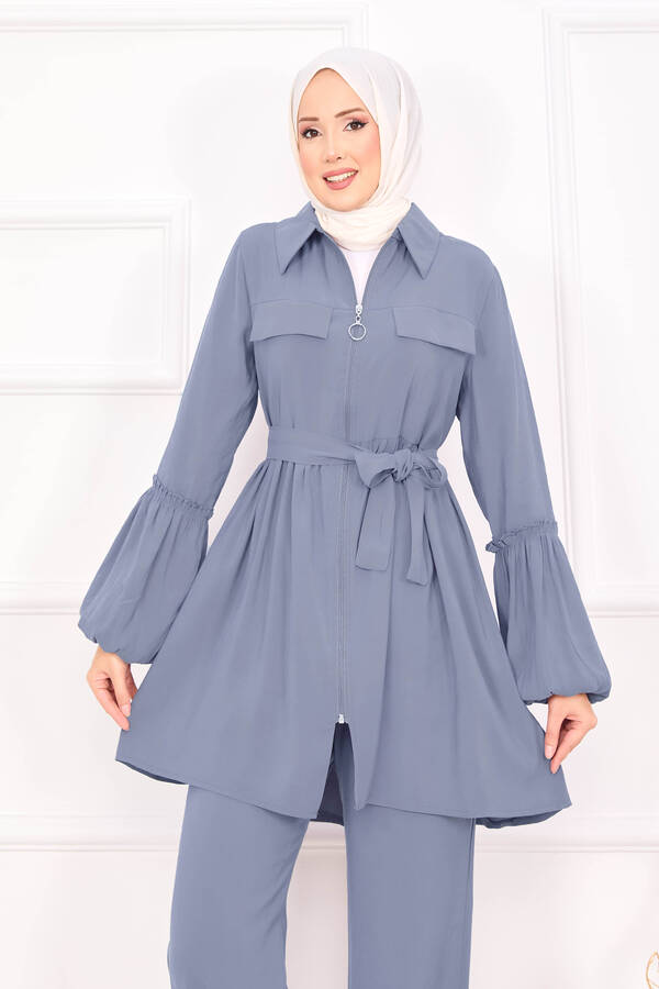 MD - Balon Kol Fermuarlı Tesettür Takım Gri (1)