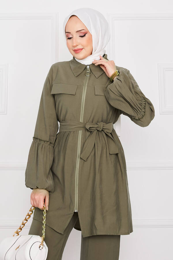 MD - Balon Kol Fermuarlı Tesettür Takım Haki (1)