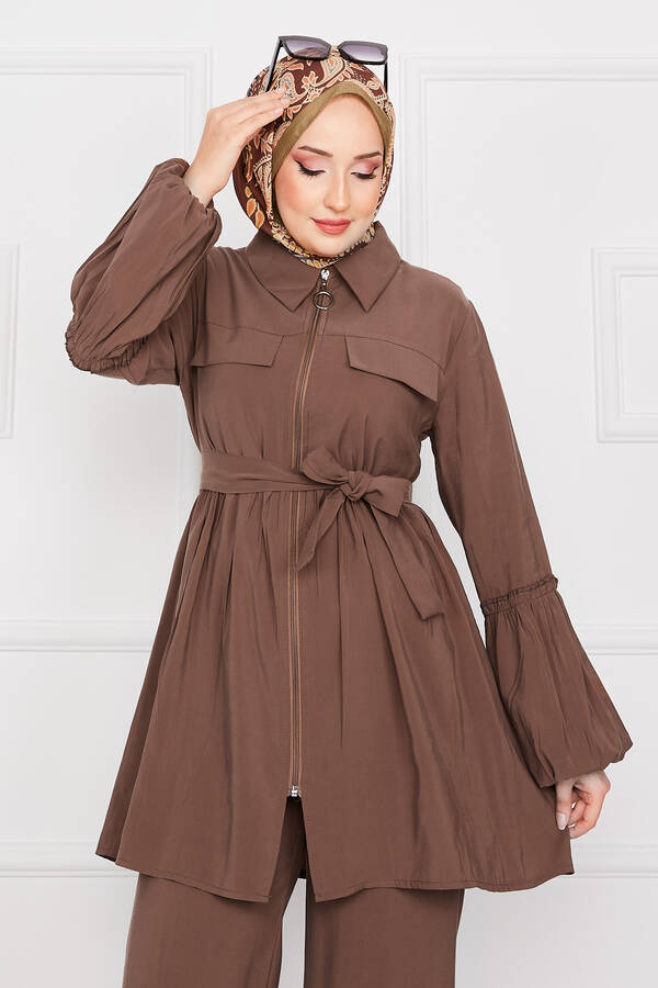 MD - Balon Kol Fermuarlı Tesettür Takım Kahve (1)