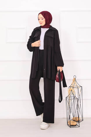 Balon Kol Fermuarlı Tesettür Takım Siyah - Thumbnail