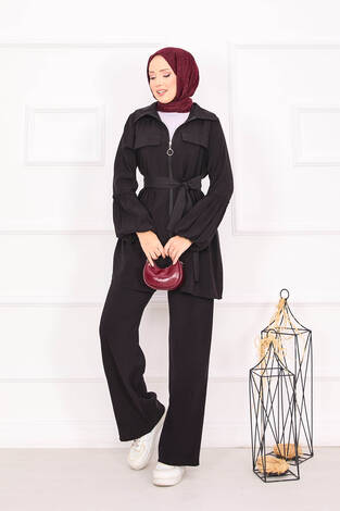 Balon Kol Fermuarlı Tesettür Takım Siyah - Thumbnail