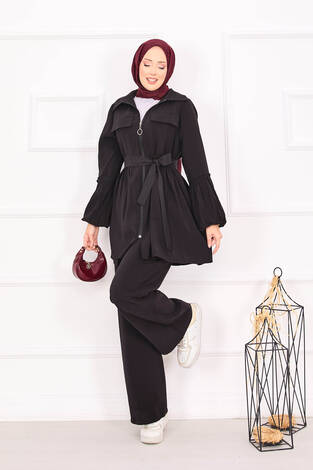 Balon Kol Fermuarlı Tesettür Takım Siyah - Thumbnail