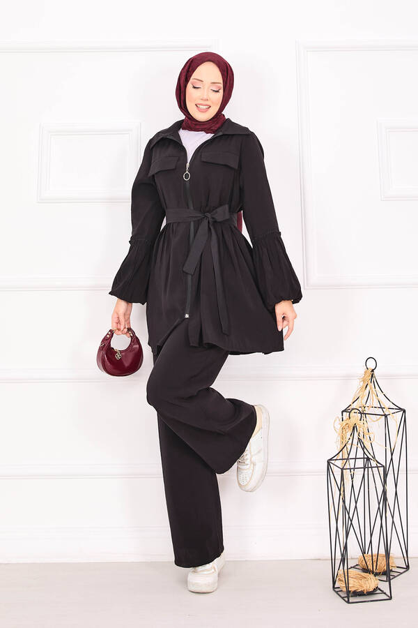 MD - Balon Kol Fermuarlı Tesettür Takım Siyah