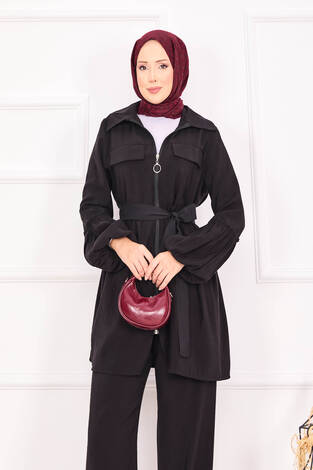 Balon Kol Fermuarlı Tesettür Takım Siyah - Thumbnail