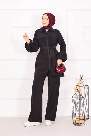 Balon Kol Fermuarlı Tesettür Takım Siyah - Thumbnail
