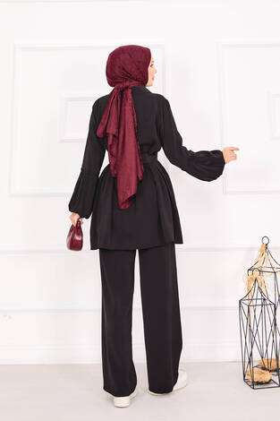 Balon Kol Fermuarlı Tesettür Takım Siyah - Thumbnail