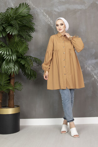 Balon Kol Poplin Tesettür Gömlek Camel - Thumbnail