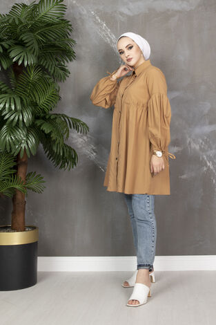 Balon Kol Poplin Tesettür Gömlek Camel - Thumbnail
