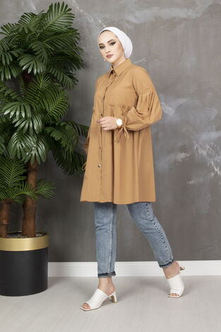 Balon Kol Poplin Tesettür Gömlek Camel - Thumbnail