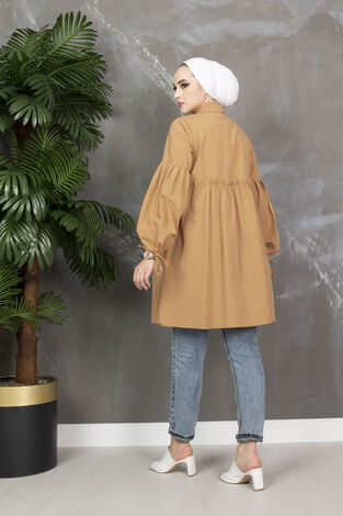 Balon Kol Poplin Tesettür Gömlek Camel - Thumbnail