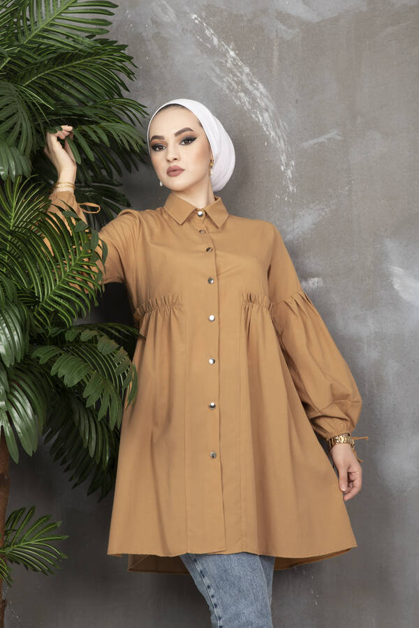 Balon Kol Poplin Tesettür Gömlek Camel