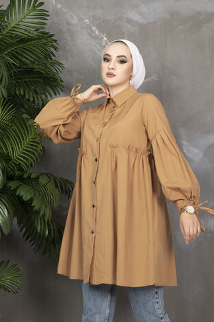 Balon Kol Poplin Tesettür Gömlek Camel - Thumbnail
