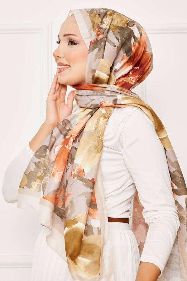 Msc - Batik Desen Çiçekli Tesettür Şal Bej (1)
